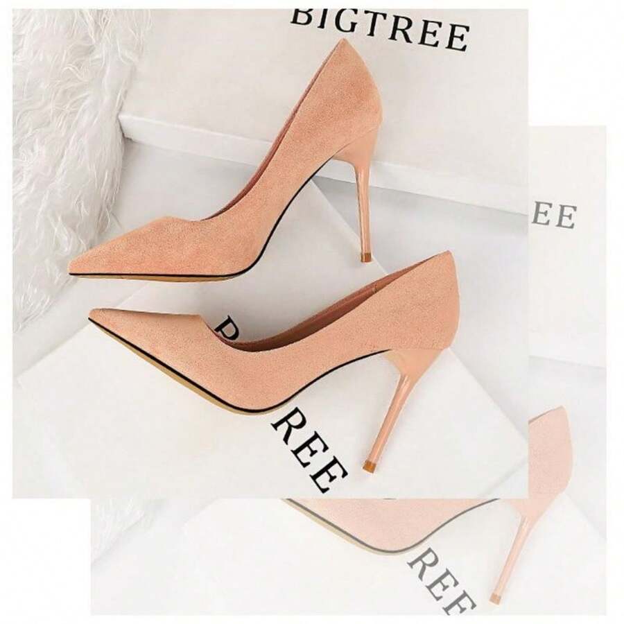 2025 Spring/Summer New Korean Edition Fashionable Simple Thin 9cm Heels, Women's Shoes Sexy And Slim Single Shoes,Suede Shallow Mouth Pointed Heels - 粉色 - 查看 1