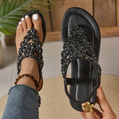 最新款罗马风波西米亚平底人字拖，棕色，女士款，沙滩装扮，女士拖鞋