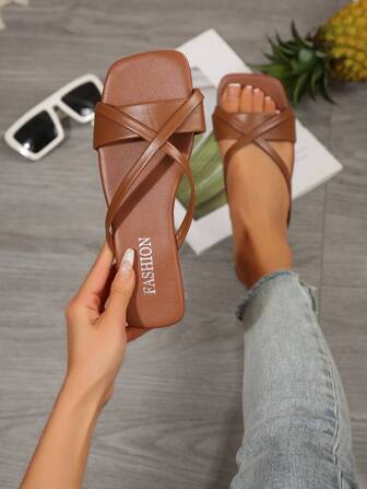 Ladies' Flat Sandals, Slippers, Leather Brown Vacation Storm, West Asian Style Ultra Light Slippers