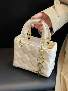 女士新款菱形图案手提包、托特包和斜挎包，简约时尚 - 米色 - 查看 4