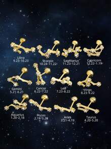 925 Sterling Silver 12 Zodiac Sign Earrings Plated 18K Gold, Unique Cartilage Earring For Daily Stacking - Single - View 2