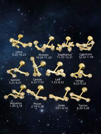 Pendientes de plata de ley 925 con los 12 signos del zodiaco chapados en oro de 18K, pendientes únicos de cartílago para usar diariamente