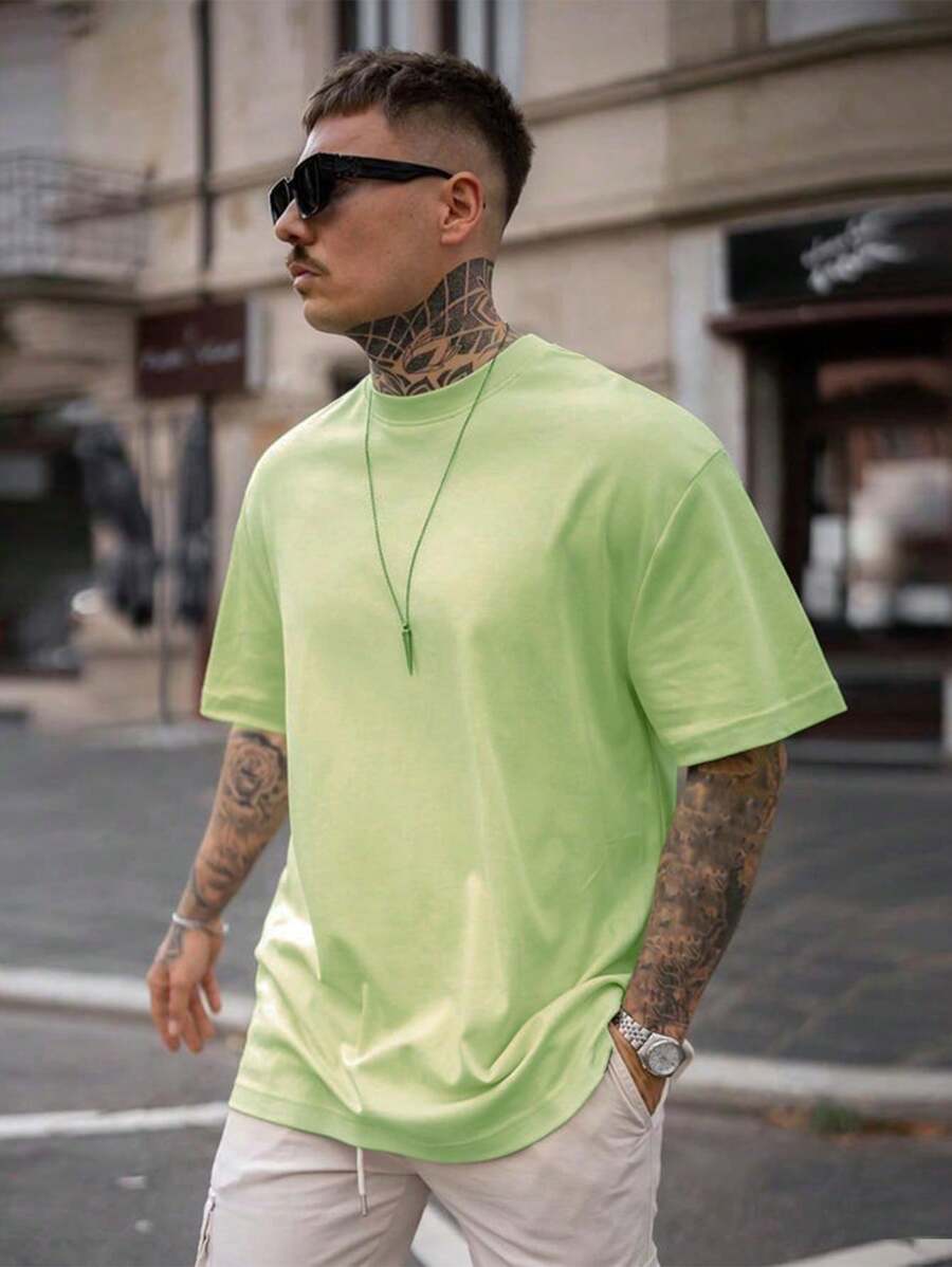 Men's Solid Color Low Stretch Simple Lightweight Loose Fit Short Sleeve T-Shirt, Versatile For Summer - Mint Green - View 1