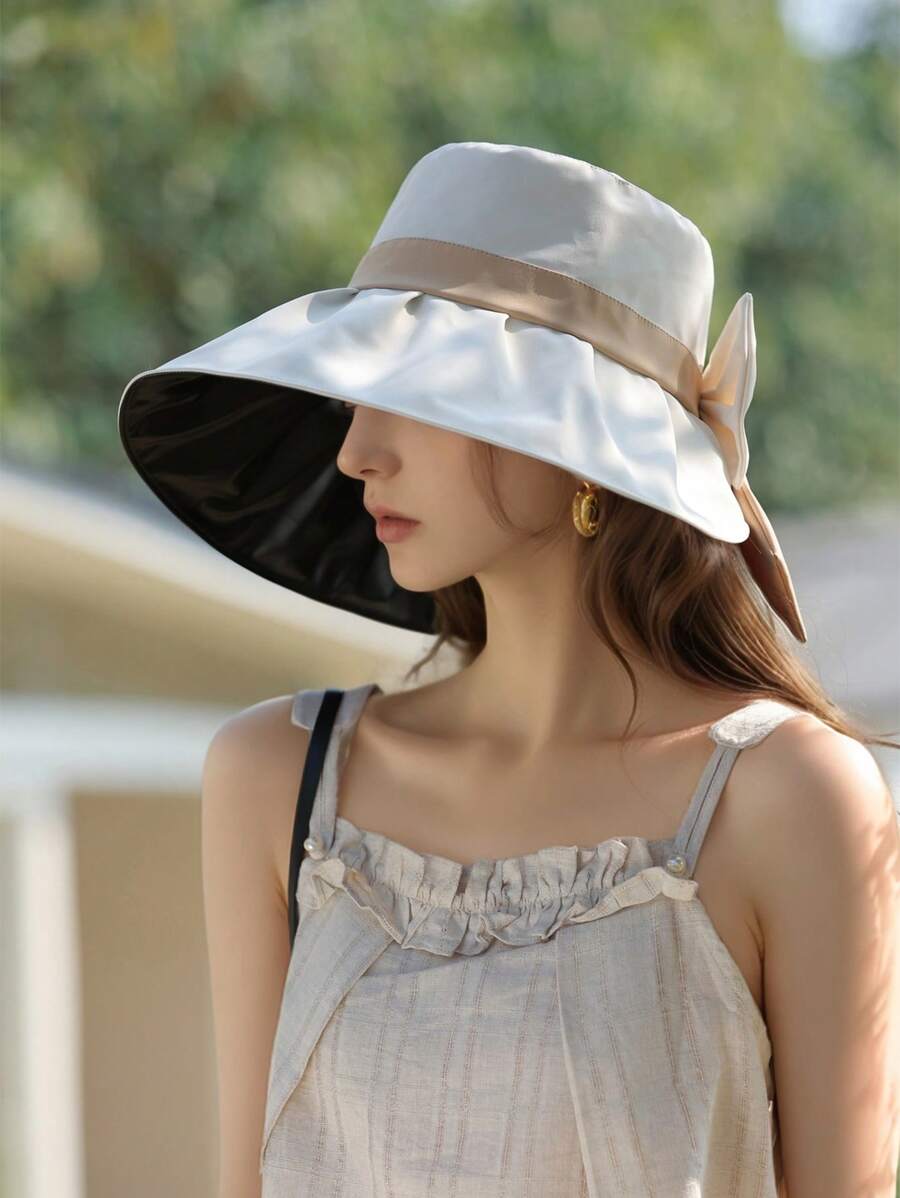 1 Pc Women's Spring/Summer New Lightweight Sun Protection Bucket Hat, Solid Color Fashionable Versatile Outdoor Sunshade Hat That Makes Face Look Smaller - Multicolor - View 1