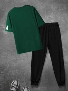 男式洛杉矶图案印花休闲短袖 T 恤和裤子套装 - 綠色 - 查看 3