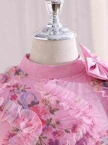 Girls' Pink Sleeveless Mesh Big Bow Embroidered Princess Dress, Comfortable & Elegant For Outings