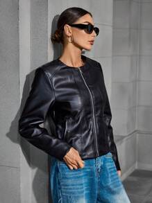 Women's Spring/Autumn Casual Simple Versatile Biker Jacket With Zipper Pockets - Black - View 5