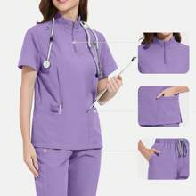 1 Set Women Short Sleeve Zipper Suit With Stand Collar And Pockets, Made Of Polyester Frosted Fabric, Loose Fit Nurse Scrub Uniform, Suitable For Hospital Work, Scrub Uniform Set - Purple - View 4