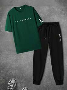 男式洛杉矶图案印花休闲短袖 T 恤和裤子套装 - 綠色 - 查看 2
