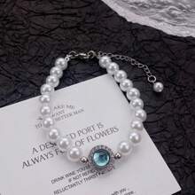 7-częściowy zestaw biżuterii z pereł w kolorze morskim, elegancki styl retro, niebieskie kolczyki z pereł, niebieski naszyjnik z pereł, niebieska bransoletka z pereł - odpowiedni do codziennego noszenia przez kobiety