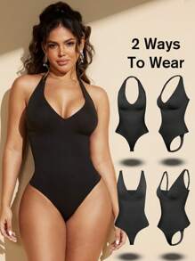 女士无缝塑身连体衣，可拆卸肩带，多功能设计，收腹提臀，全身塑形，适合户外/比基尼穿着 - 黑色 - 查看 2