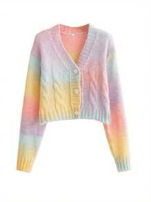 Women's Button Down Cropped Cardigan, Long Sleeve Tie Dye Print Cable Knit Sweater