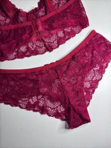 Plus Size Lingerie Set Lace Elegance Comfort Non-Padded Bra - Đỏ - Xem 2