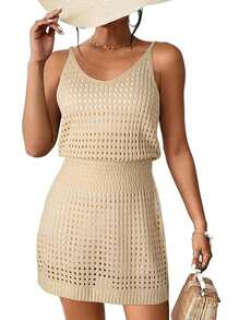 Summer Crochet Hollow Out Knit Beach Bathing Suit Swim Cover Ups Cruise Outfits Vacation Dresses For Women 2025 - 杏色 - 查看 1