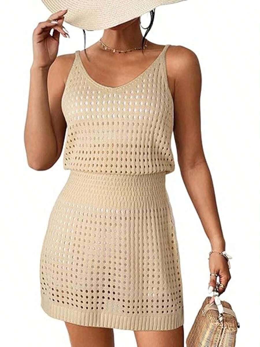 Summer Crochet Hollow Out Knit Beach Bathing Suit Swim Cover Ups Cruise Outfits Vacation Dresses For Women 2025 - 杏色 - 查看 1