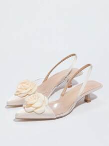 女士时尚、优雅、舒适的尖头杏色花卉装饰简约高跟鞋，优雅猫跟，适合派对、婚礼等场合。 - 杏色 - 查看 7