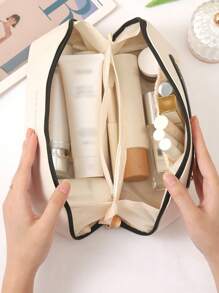 Large Capacity Spacious Double Layer Makeup Bag, Cosmetic Organizer Bag, PU Leather Waterproof Makeup Pouch, Lightweight Toiletry Bag With Compartments, Big Capacity Travel Makeup Storage Bag, Multi-Functional Travel Organizer Bag, Home & Travel Cosmetic Bag With Divider And Handle