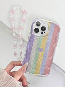 Funda para teléfono con textura, ondas, rayas con corazón brillante pintado, a prueba de golpes, con pulsera de mariposa hecha a mano con cuentas, compatible con iPhone XR/7/8, iPhone 16/16 Pro/16 Plus/16 Pro Max, iPhone 15 Pro Max, iPhone 13, iPhone 14, iPhone 11, Galaxy S24, Galaxy S24+
