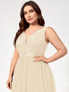 Plus Size Deep V-Neck Sequin Floral Lace Chiffon Sleeveless Formal Party Maxi Dress - Light Yellow - View 7