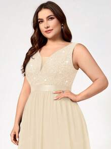 Plus Deep V Neck Sequin Floral Lace Chiffon Sleeveless Formal Party Maxi Dress