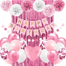 女士粉色生日派对装饰 生日快乐横幅 浅粉色和白色气球 粉色派对装饰 绒球花 五彩纸屑 丝带 铝箔流苏窗帘，女士粉色生日装饰，粉色派对装饰 - 粉紅白雨絲簾套 - 查看 1