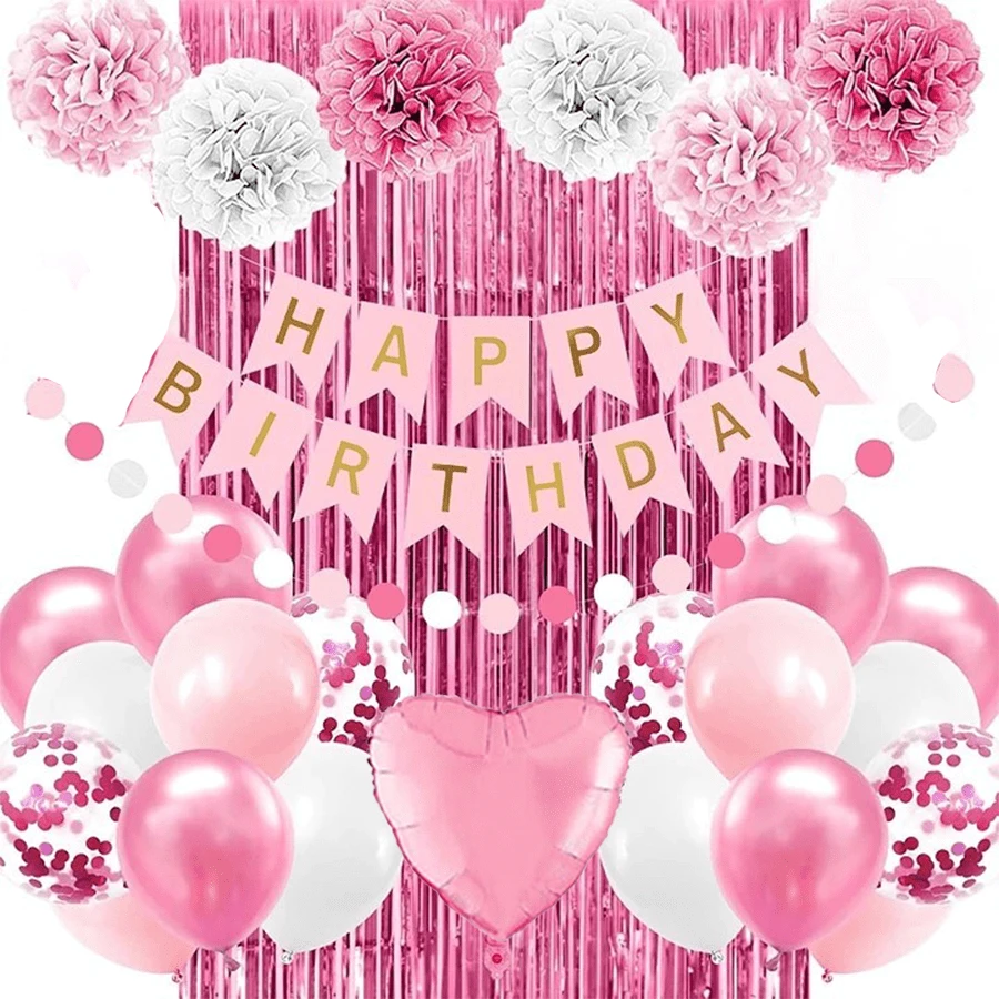 女士粉色生日派对装饰 生日快乐横幅 浅粉色和白色气球 粉色派对装饰 绒球花 五彩纸屑 丝带 铝箔流苏窗帘，女士粉色生日装饰，粉色派对装饰 - 粉紅白雨絲簾套 - 查看 1