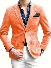 Mens Blazer Suede Jacket Casual 2 Buttons Sport Coat Faux Leather Suit Slim Fit Jacket With Lapel Collar Long Sleeves, Stylish For Business Or Leisure Occasions - 橘色 - 查看 1