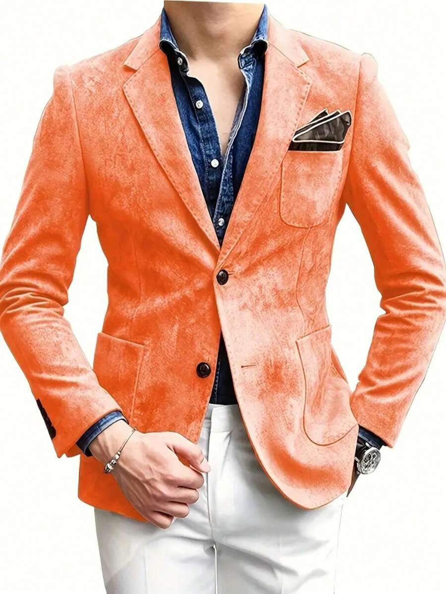 Mens Blazer Suede Jacket Casual 2 Buttons Sport Coat Faux Leather Suit Slim Fit Jacket With Lapel Collar Long Sleeves, Stylish For Business Or Leisure Occasions - 橘色 - 查看 1