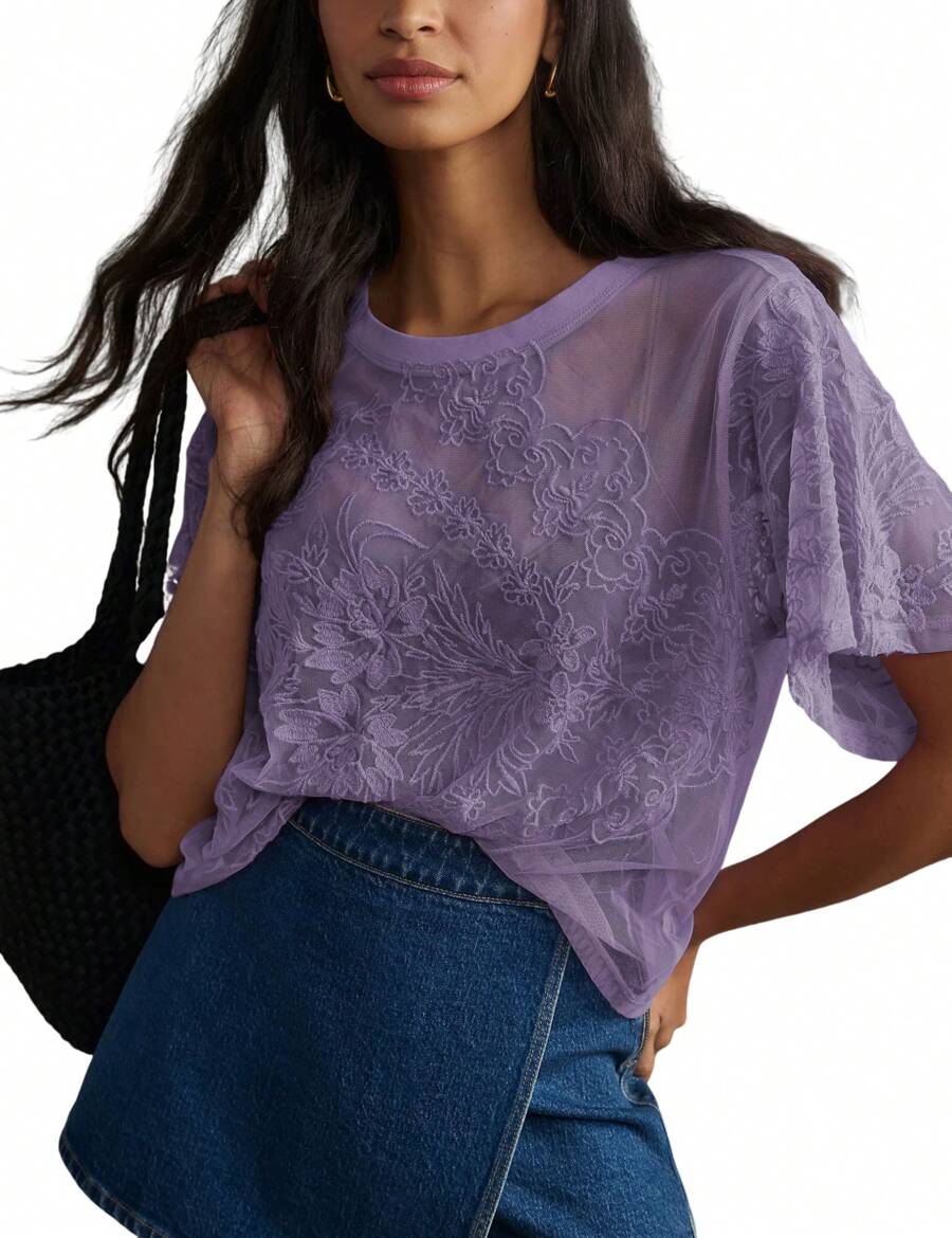 OPCAKM Women's Sexy Mesh Tops Y2K Short Sleeve Round Neck Lace 3D Printed Floral Sheer Blouse See Through Layering Shirt Tops