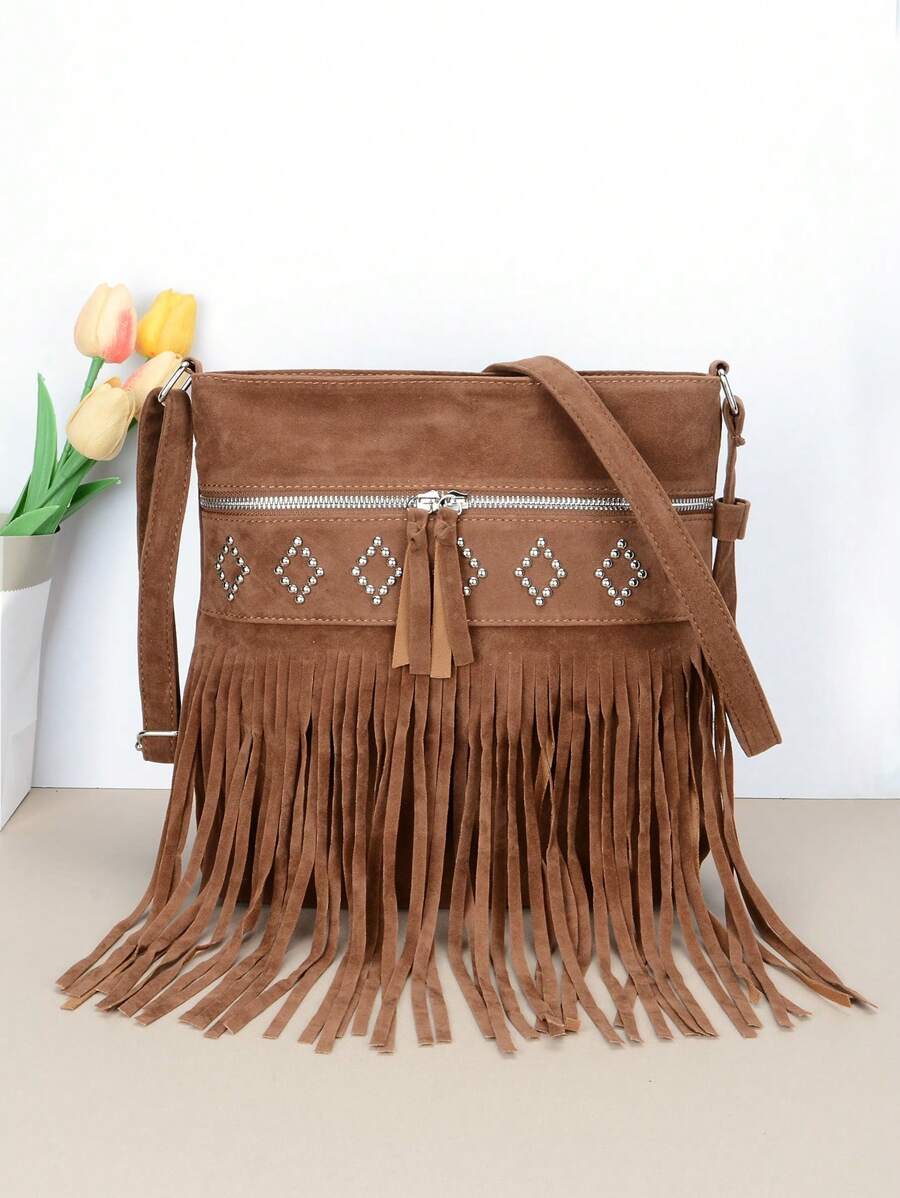 1PC Vintage Fringe Bag For Women Faux Suede Crossbody Bags, Casual Ladies Handbags Tassel Shoulder Bags For Daily Used & Gift, Western Purse For Women, Bohemia Style Bag For Women, Perfect For Rodeo Occasion, Newest Fashionable Suede Bag For Women - Multicolor - View 1
