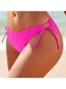 Women's Low Waist Swim Shorts Solid Color Side Tie Up Bathing Suit Bottoms For Seaside, Beach - Hot Pink - View 2