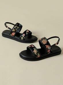 女士厚底单带搭扣凉鞋，黑色随机印花波西米亚复古风露趾舒适坡跟鞋，适合夏季海滩、春秋季穿着，尺码41-43 - 黑色 - 查看 3