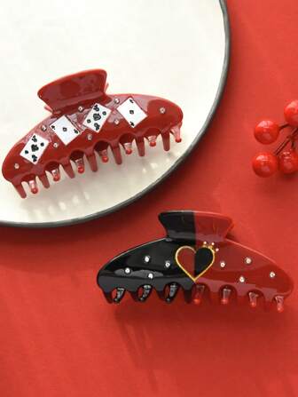 1pc Stylish Acrylic Rhinestone Decorated Playing Card Heart Shaped Hair Clip, Elegant Shark Claw Hair Accessory Claw Clips Winter Hair Claw