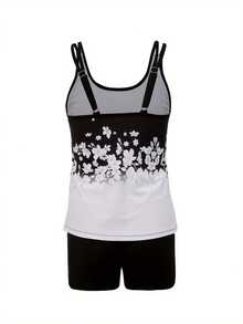 2Pcs Women Summer Swimwear, Floral Strappy Padded Tank Tops + Solid Color Shorts Swimsuit for Girls, 6 Colors - Blanco - Ver 5