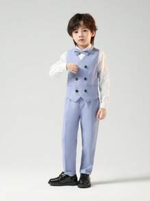 3pcs Young Boy Performance Outfit Set (Vest + Pants + Bow Tie), Formal Wear For Wedding, Party - Blue - View 4