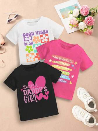 3 件套年轻女孩 T 恤，可爱卡通印花短袖圆领上衣，2024 年春夏