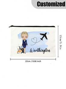 1 PC Fashionable Flight Attendant Personalized Cosmetic Bag - Polyester Makeup Pouch With Zipper, Machine Washable, Lightweight, Fade Resistant, Foldable, And Fixed Shoulder Strap For Customizable Travel Toiletry Organization And Easy Carrying - Beige - View 5