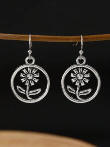 4 对复古波西米亚风格仿旧花朵、章鱼、海豚耳环套装，女士休闲百搭日常佩戴耳环 - 復古銀色 - 查看 3