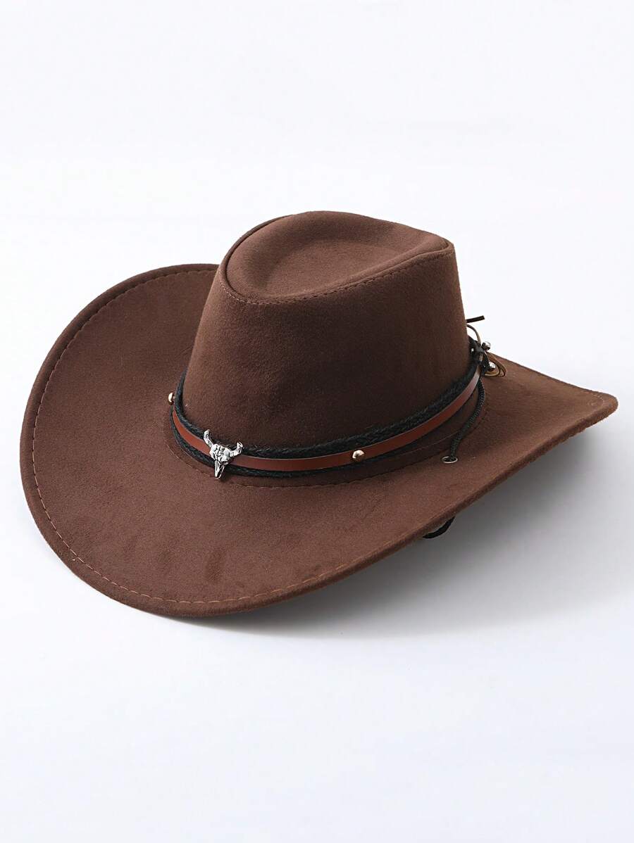 1pc Faux Suede Western Cowboy Hat With Detachable Longhorn Decor, Unisex Cowgirl/Cowboy Sun Hat For Casual Occasions - Bull Head Cowboy Hat - View 1