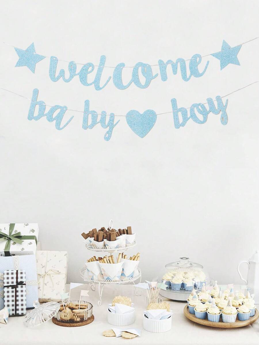 1 套蓝色闪光“欢迎宝贝”横幅，蓝色闪光纸拉旗用于性别启示派对墙背景横幅，生日宝贝淋浴背景横幅，派对家居挂饰房间装饰背景装饰，派对礼物