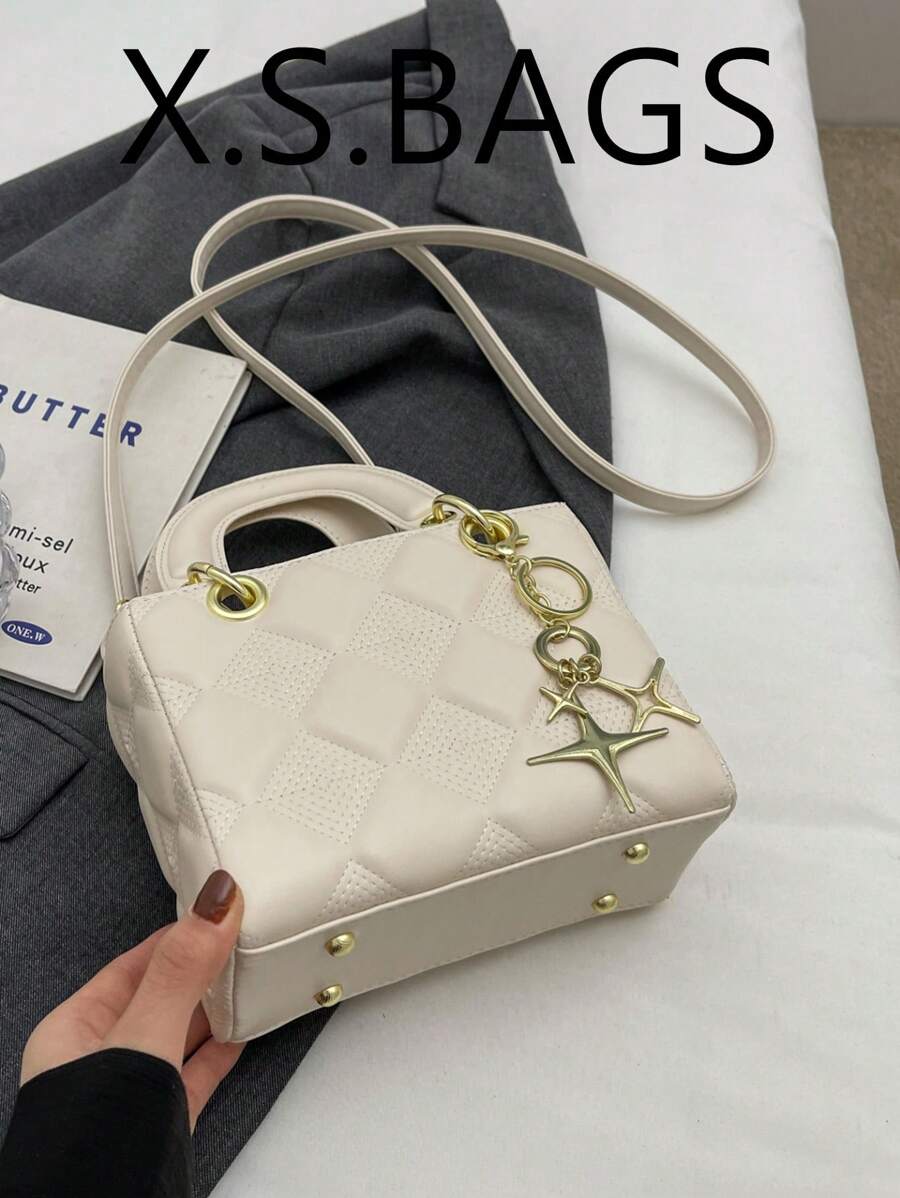 女士新款菱形图案手提包、托特包和斜挎包，简约时尚 - 米色 - 查看 1