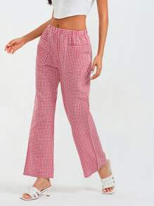 Women Wide Leg Pants Casual Plaid Print Loose Elastic Waist Trousers For Work Office Streetwear - Red - View 2
