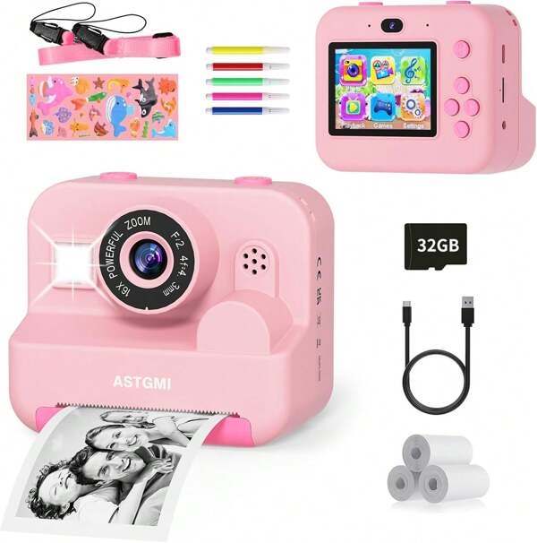 ASTGMI Appareil photo instantané ASTGMI, appareil photo pour enfants avec écran de 2,4 pouces avec papier d'impression et carte de 32 Go, mode selfie et vidéo, jouet cadeau pour enfants garçons filles de 3 à 14 ans