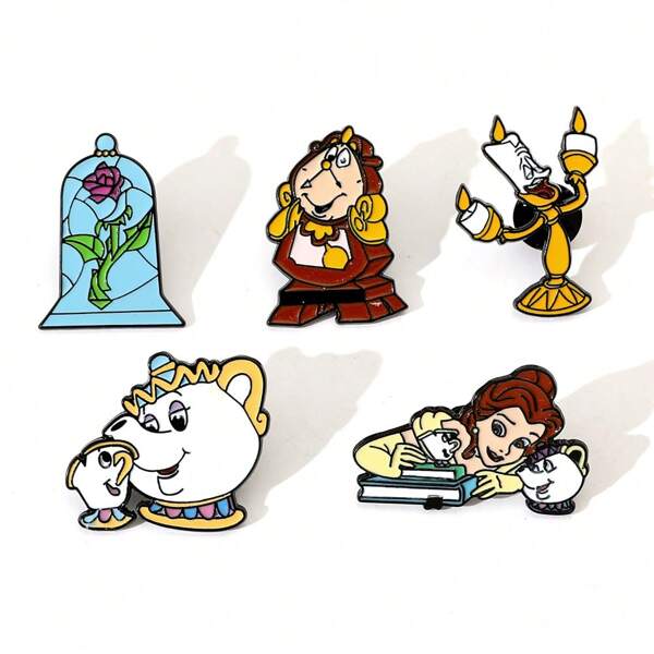 Disney Disney 1/5 Pcs Cute Cartoon Brooch Set Creative Princess Tea Cup Candle Holder Enamel Pin Backpack Clothing Jewelry Metal Badge Accessories A Gift For Friends