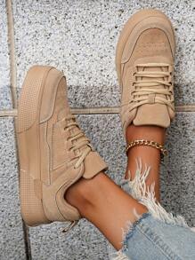 (Size Runs Small) Women's Minimalist Solid Color Patchwork Detail Front Tie Skateboard Shoes, Round Toe Platform Comfortable Casual Sneakers