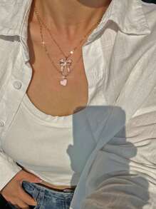 1/2pcs Heart & Bow Tie Necklace Set: Pink Heart Necklace & Cute Bow Tie Style Necklace, Best Friend Gift Valentines
