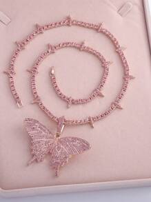 Fashion Crystal Pink Butterfly Pendant & Punk Spiked Cuban Link Chain Necklace Set, Unisex Party / Gift Decorative Box Included