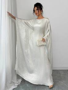 女式圆领可调节腰部休闲连衣裙，采用闪亮面料，端庄大方 - 杏色 - 查看 6