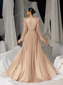 Faeriesty Stunning Long-Sleeve Evening Jumpsuit With Chiffon Overlay & Shimmering Sequin - Elegant Flowing Silhouette For Luxury Banquets, Red Carpet Galas, Weddings & Formal Evening Events