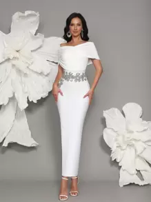Nouvelle robe longue bandage style épaules dénudées faite main avec perles, robe de soirée moulante fendue style célébrité sexy pour fête, robe invitée de mariage, robe de cérémonie - Blanc - Voir 1